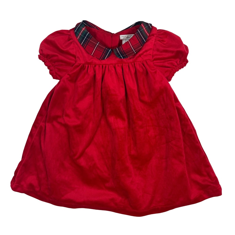 Max Studio Kids Red Velvet Plaid‎ Collar Puff Sleeve Dress Baby 18M